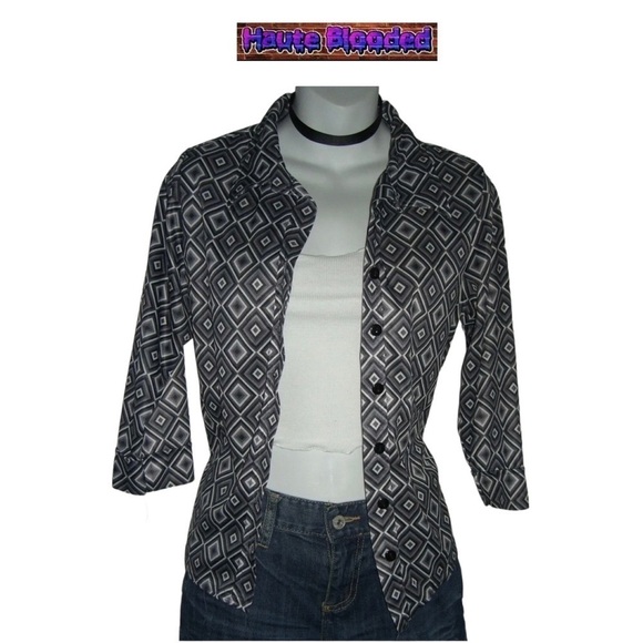 Vintage 90's Geometric Print Button Down Blouse Black White Retro 70's Style y2k - Picture 1 of 11
